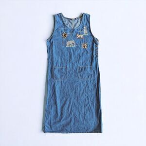 Vintage 90's Embroidered Patchwork Blue Jean Denim Patch Pocket Maxi Dress L